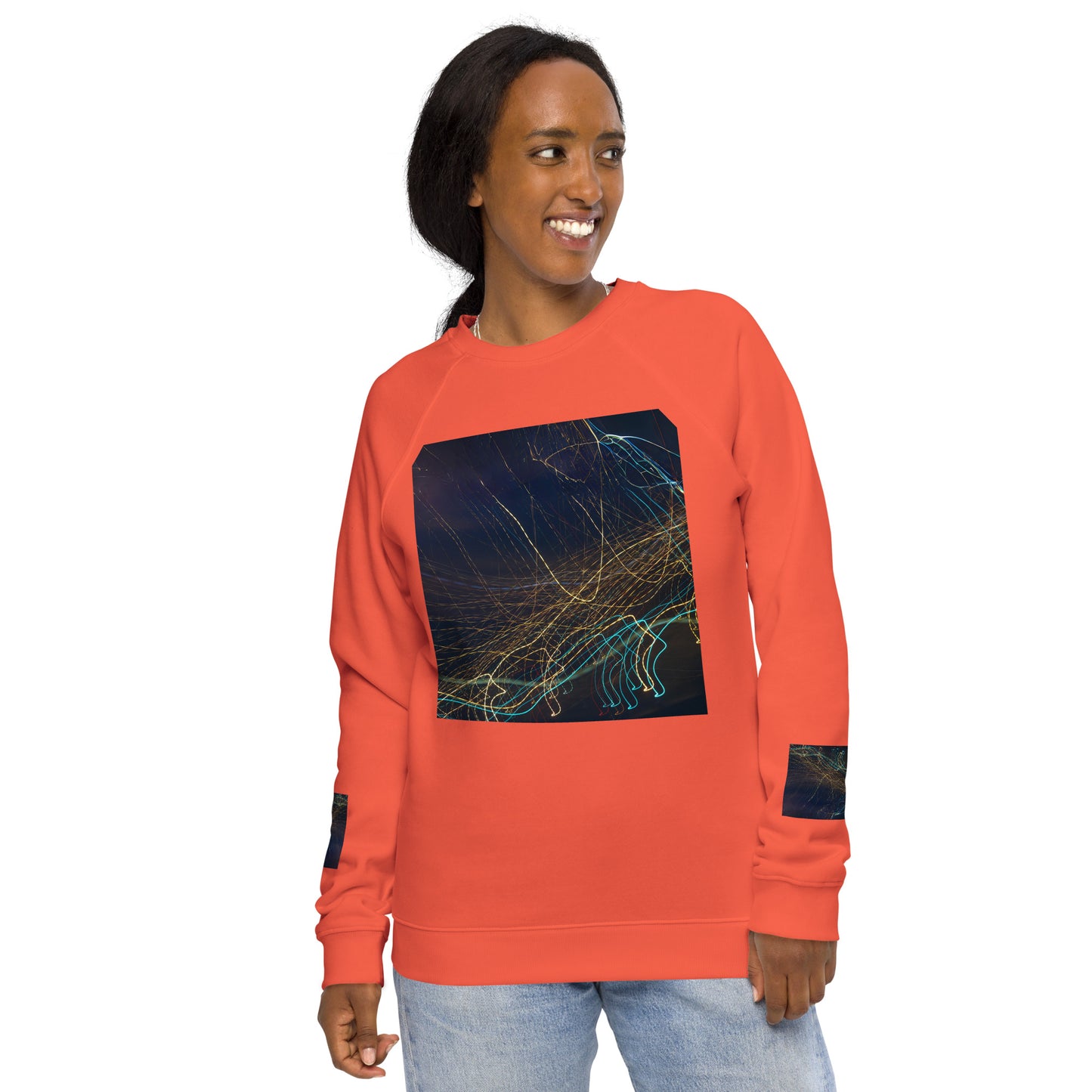 Eco-Chic Unisex Raglan Sweatshirt with Abstract Design - Shop Now!