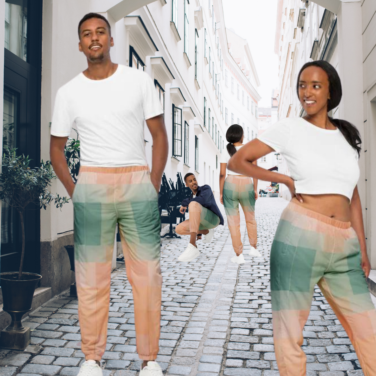 Modern Abstract Streetwear: Green lounge pants for men and women