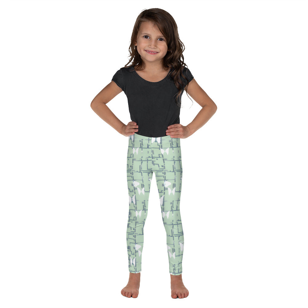 ChromoCo Kid's Leggings - Light Green Geometric Design with Whimsical Butterflies