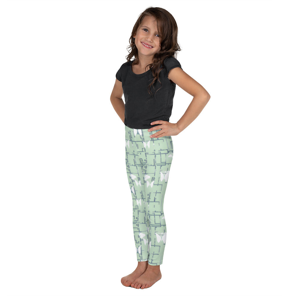 ChromoCo Kid's Leggings - Light Green Geometric Design with Whimsical Butterflies