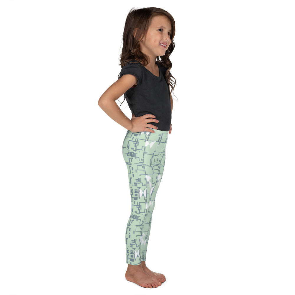 ChromoCo Kid's Leggings - Light Green Geometric Design with Whimsical Butterflies