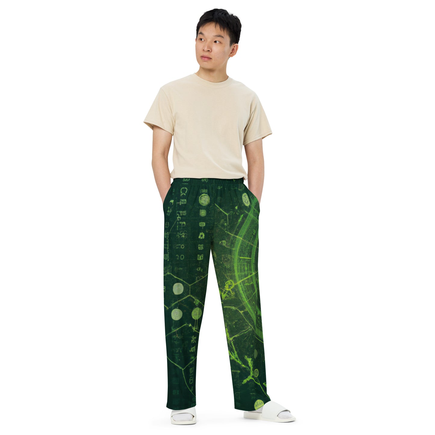 Dark Green Print: Unisex Wide-Leg Pants