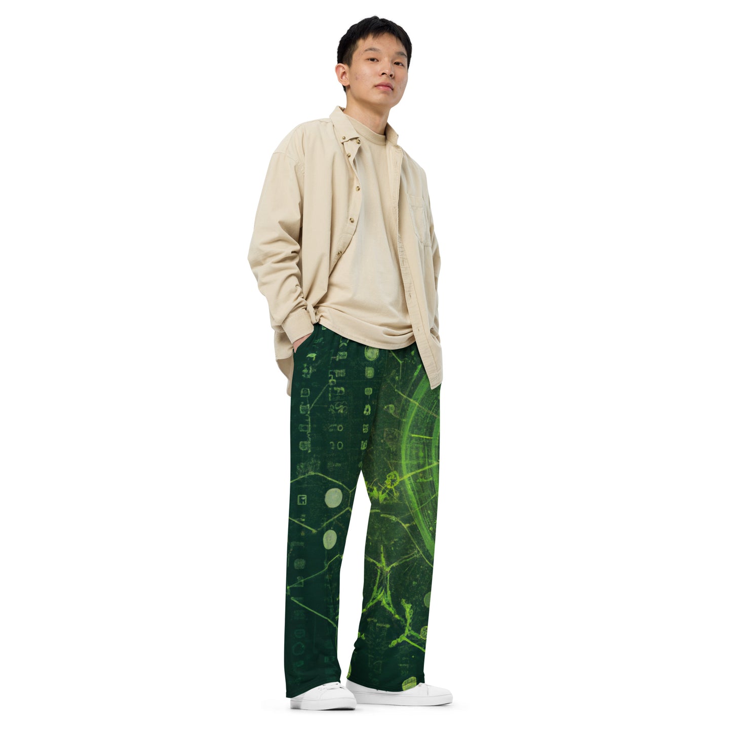 Dark Green Print: Unisex Wide-Leg Pants