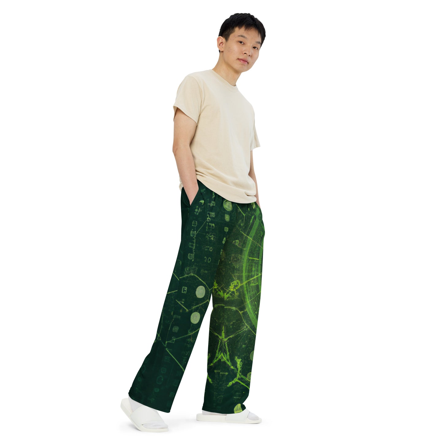 Dark Green Print: Unisex Wide-Leg Pants