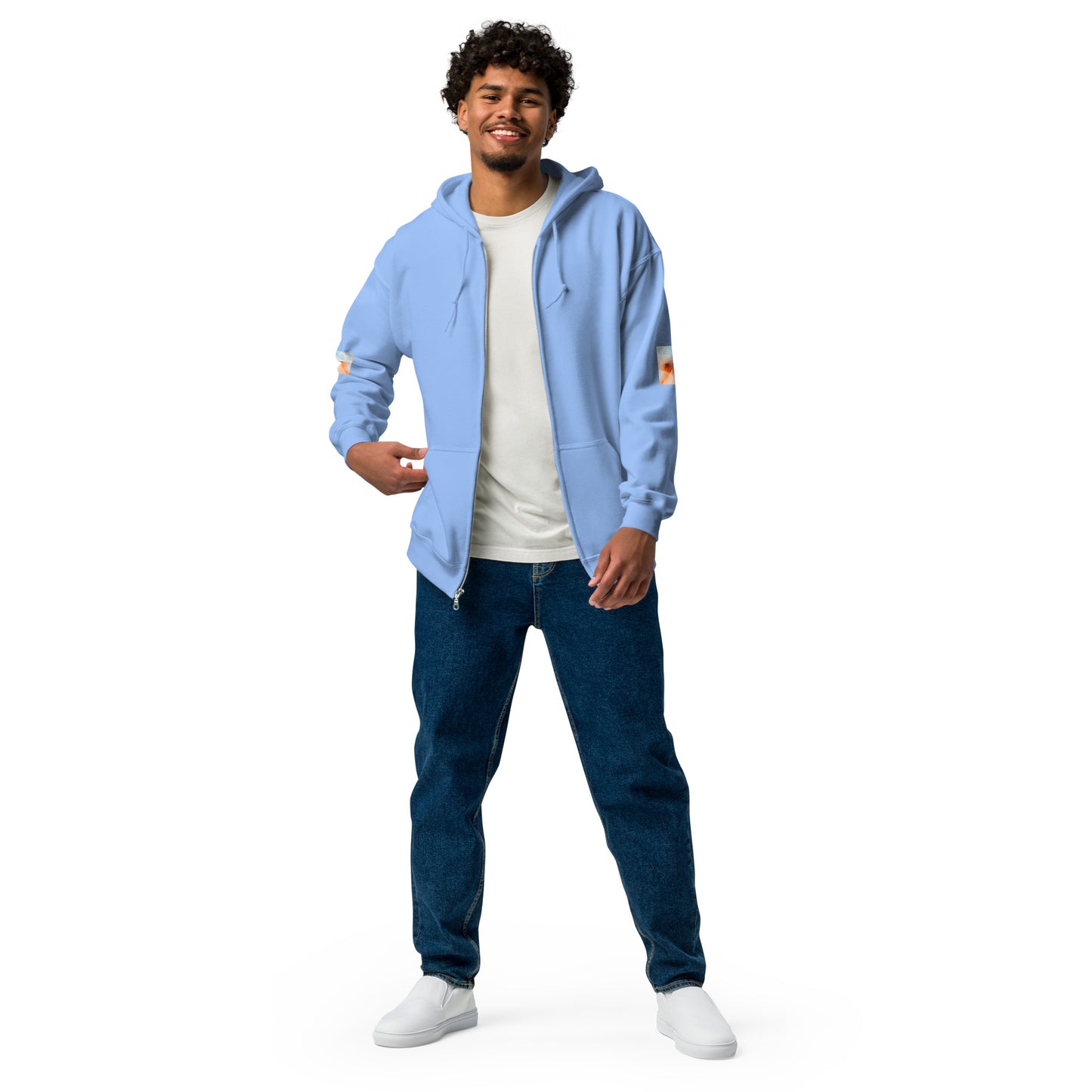 Embrace Style & Comfort: Peach Fuzz & Blue Zip Unisex Hoodie