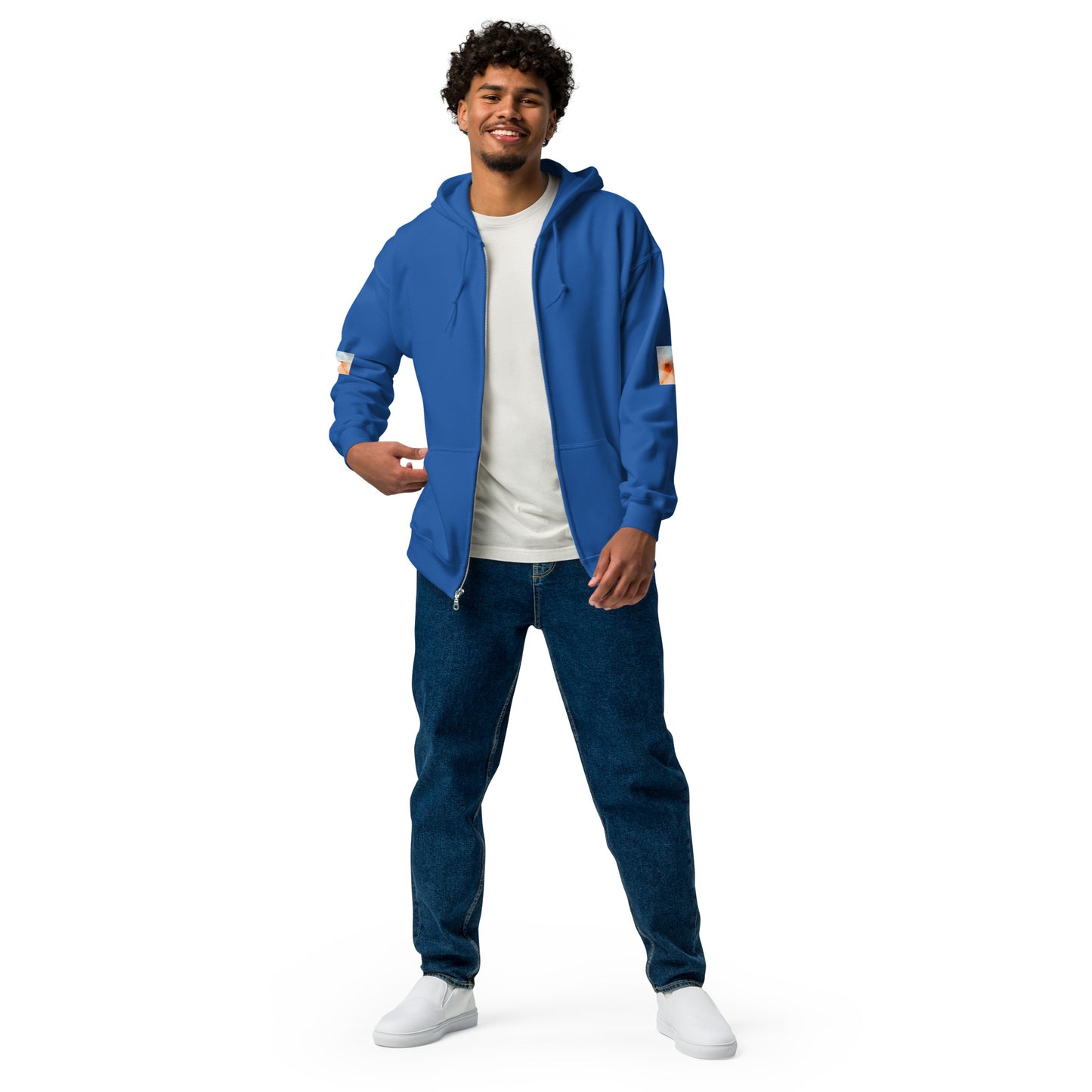 Embrace Style & Comfort: Peach Fuzz & Blue Zip Unisex Hoodie