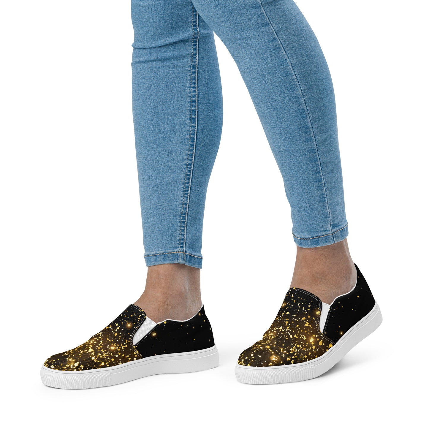 Elevate Your Look with Our Black & Gold Women’s Slip-On Shoes