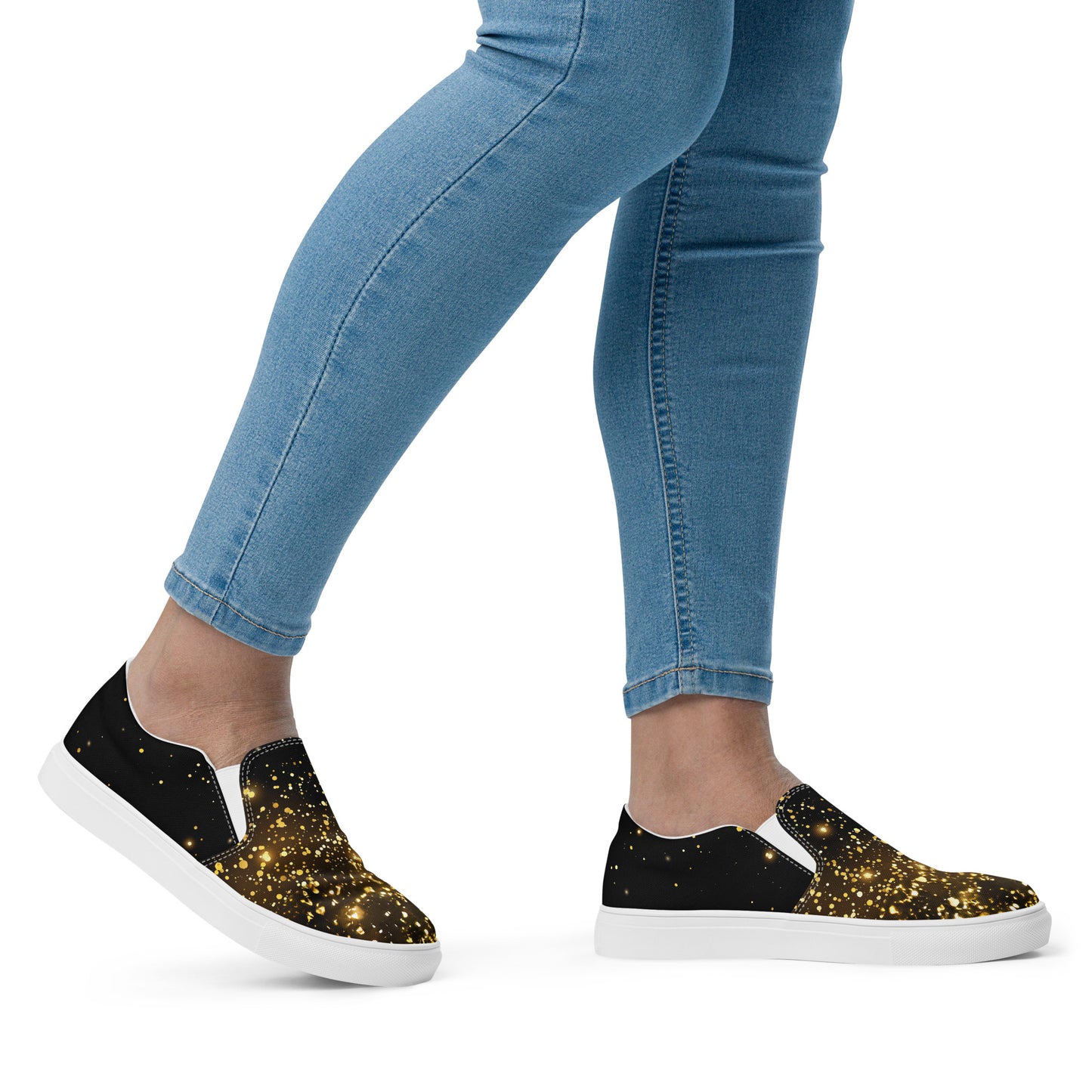 Elevate Your Look with Our Black & Gold Women’s Slip-On Shoes